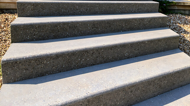 Modern concrete outdoor steps with exposed aggregate texture leading up, durable construction material for residential landscape architecture project