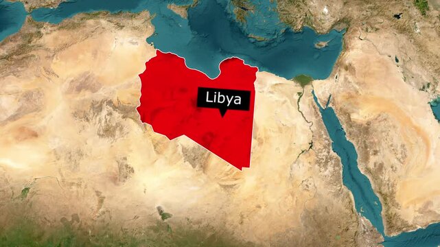 Libya country border map highlighted in bright red on a detailed physical satellite earth globe view within this dynamic digital motion graphic video animation project scene