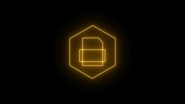 Glowing neon yellow icon of a document file passing through a central printing machine enclosed in a hexagonal border against a black background. 