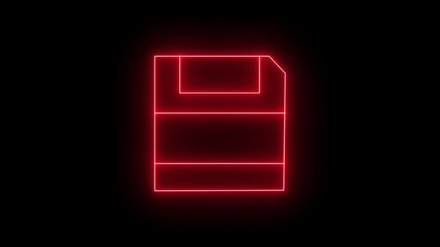 Glowing neon red icon of a classic floppy disk drive against a black background. Animated file save operation, data storage backup, legacy diskette archive, write-to-disk process.