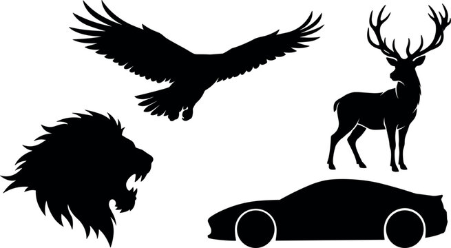 Set of animal and car silhouettes including lion head, eagle, deer and sports car