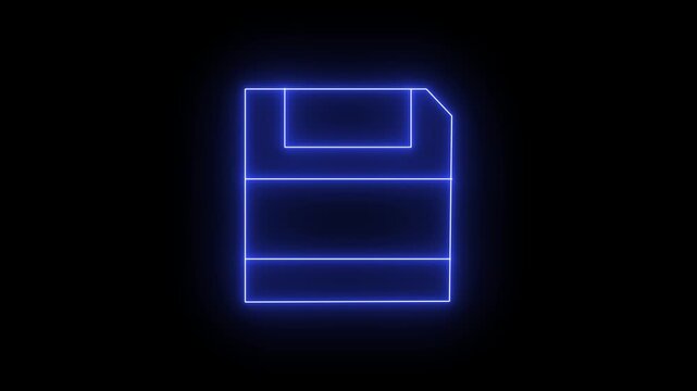 Glowing neon blue  icon of a classic floppy disk drive against a black background. Animated file save operation, data storage backup, legacy diskette archive, write-to-disk process.