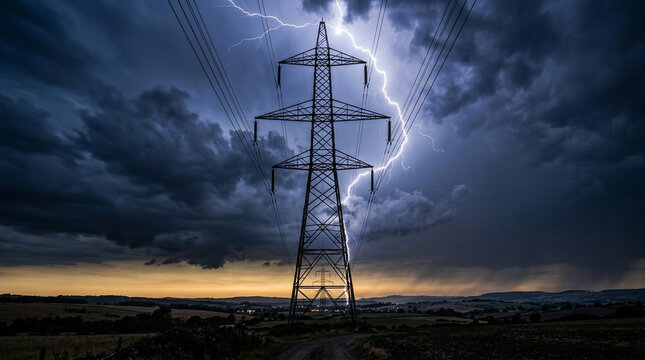 Powerful lightning strike near high voltage electrical pylon tower