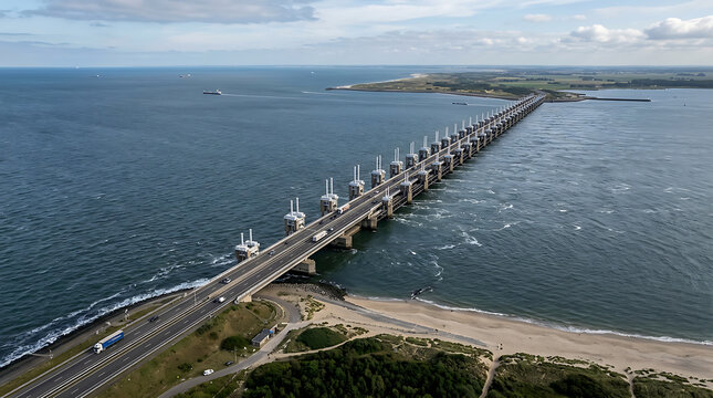 Long concrete bridge spanning wide coastal waterway.