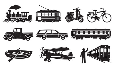 Obraz premium Transportation set featuring a steam locomotive, streetcar, motor scooter, bicycle, pickup truck, station wagon, passenger train, rowboat, biplane, and a person waving at a train