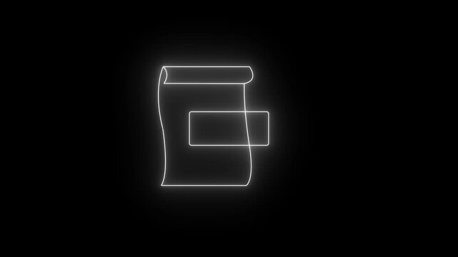 Glowing neon white icon of a unrolling document or scroll with a floating rectangular tag badge overlay against a black background. Animated official certificate, digital contract