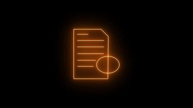 Glowing neon orange icon of a document file with a folded corner, horizontal text lines, and an oval circle badge overlay on the lower right against a black background. 