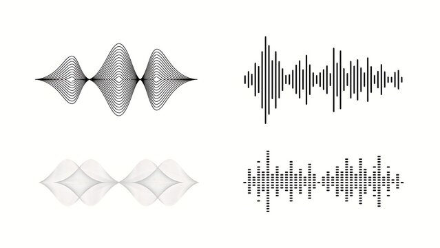 Audio waves displayed in black and white show digital sound frequencies.