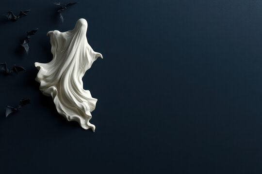 Ghost figurine with halloween bats against dark background with copy space