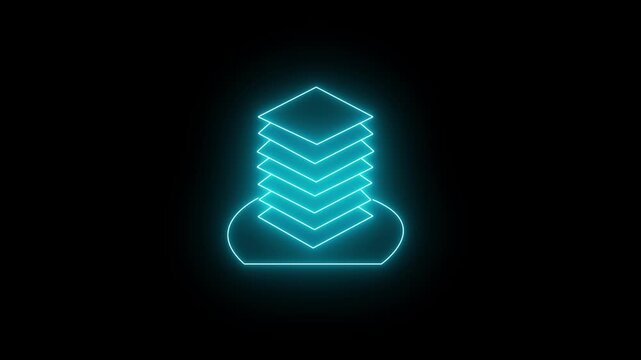 Glowing neon cyan icon of a vertical stack of isometric planes resting on an oval base against a black background. Animated data stack, software layers, cloud storage architecture.
