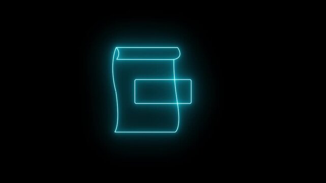 Glowing neon cyan icon of a unrolling document or scroll with a floating rectangular tag badge overlay against a black background. Animated official certificate, digital contract