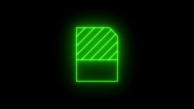 Glowing neon green icon of a SIM card or memory card with diagonal stripe detailing on the top half against a black background. Animated memory storage animition.