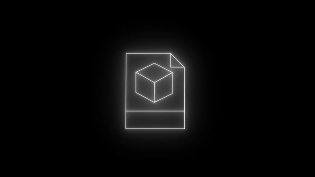 Glowing neon white icon of a document file with a folded top-right corner, featuring a central 3D cube model graphic against a black background.