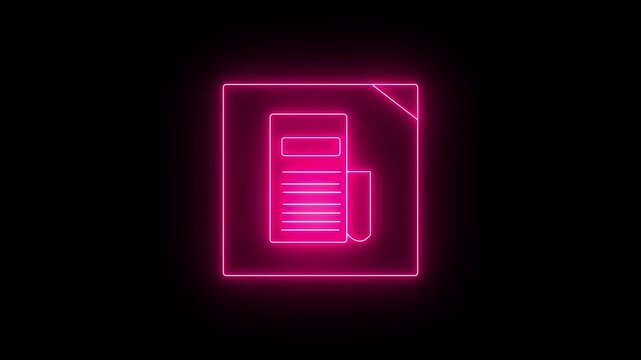 Glowing neon pink icon of a newspaper or newsletter layout inside a square frame with a dog-eared top corner against a black background. Animated digital news feed, online publication