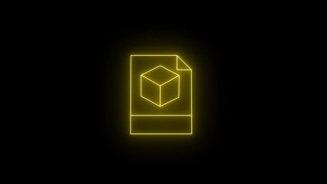 Glowing neon yellow icon of a document file with a folded top-right corner, featuring a central 3D cube model graphic against a black background.