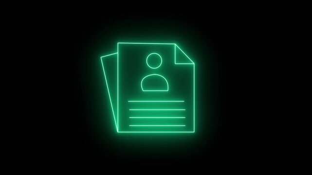 Glowing neon icon of a stack of user profile documents with a folded corner, featuring an avatar symbol and horizontal text lines against a black background. 