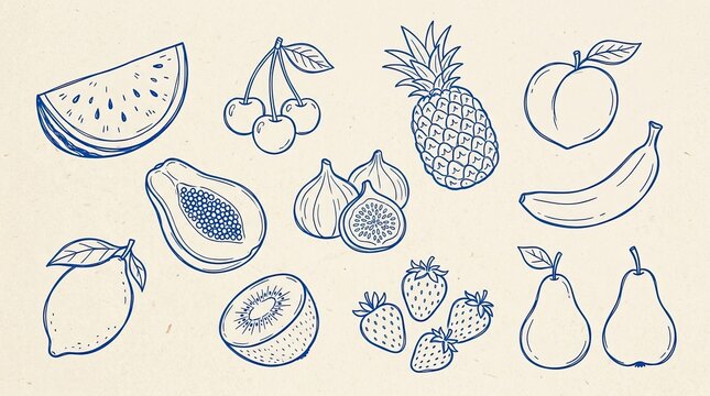 Vector drawn art fruit collection set including watermelon cherry pineapple peach banana papaya fig lemon strawberry pear sketch with collection, watermelon