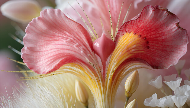 Creative floral illustration inspired by women's health and gynecology, featuring colorful flowers arranged into an elegant symbolic anatomical form with a clean, medical aesthetic and soft lighting.