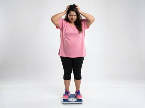 Stressed woman standing on bathroom scale checking weight, weight loss struggle concept