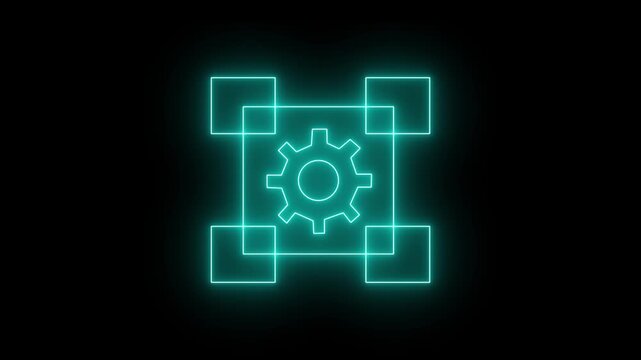 Glowing neon cyan icon of a central gear cog enclosed in a square boundary with smaller square blocks on all four corners against a black background. Animated modular system, software framework .