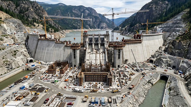 Massive hydroelectric dam construction in mountainous valley.