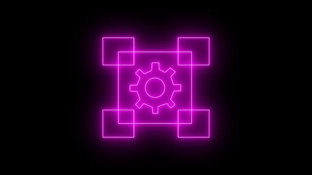 Glowing neon purple icon of a central gear cog enclosed in a square boundary with smaller square blocks on all four corners against a black background. Animated modular system, software framework .