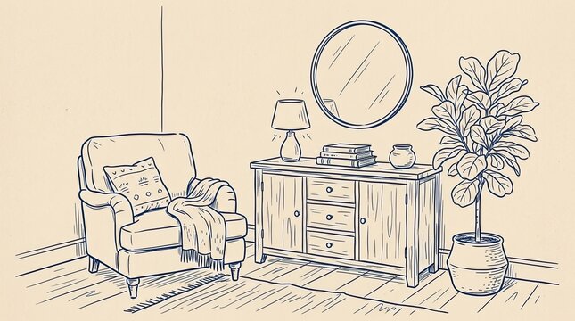 Vector drawn art living room interior sketch showing armchair cabinet mirror lamp plant and wooden floor in line art style with interior armchair furniture
