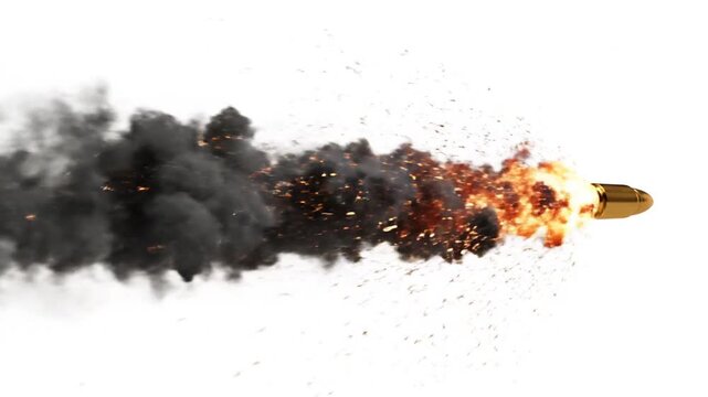 A high speed bullet flying through the air with fire and smoke trail.