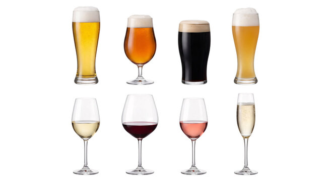 Assortment of eight glasses filled with png on isolated transparent background