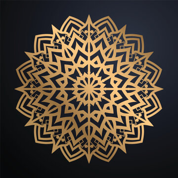 Luxury Metallic Gold Mandala Background Elegant Circular Starburst Floral Ornament On Dark Navy Blue Gradient Premium Decorative Design

