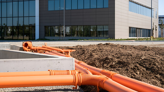 Orange plastic utility pipes laid on dirt ground near a modern commercial building construction site for underground drainage and plumbing system