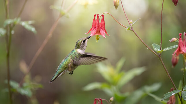 Tiny hummingbird hovering in mid air feeding on wild red columbine flower nectar in garden. Concept of eating, wildlife photography, bird in flight, tiny bird. Copy space.
