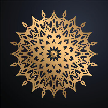 Premium Islamic Style Gold Mandala Background Intricate Circular Ornament With Starburst Flower Core Chevron Petals And Metallic Decorative Finish
