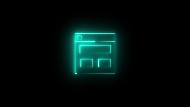 Glowing neon cyan icon of a web browser window featuring structured wireframe page blocks against a black background. Animated website layout, UI/UX template design, web application dashboard.