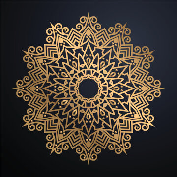 Luxury Ornamental Bronze Gold Mandala Art Centered Circular Floral Emblem With Spiral Filigree Ring Sharp Starburst Details Navy Gradient Background
