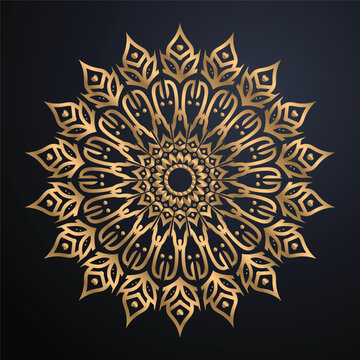 Luxury Golden Floral Mandala Decorative Background Intricate Circular Starburst Emblem With Layered Leaf Motifs And Metallic Bronze Gold Sheen
