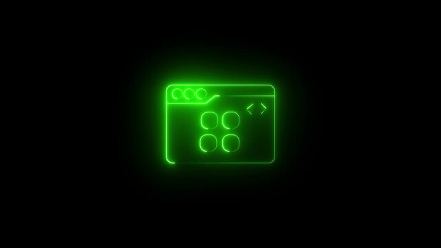 Bright neon green icon of a web browser window with grid menu layout and code brackets on a black background. Animated web development, app interface design.