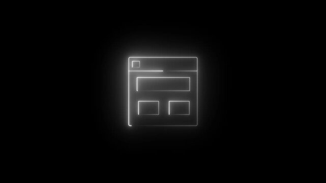 Glowing neon white icon of a web browser window featuring structured wireframe page blocks against a black background. Animated website layout, UI/UX template design, web application dashboard.