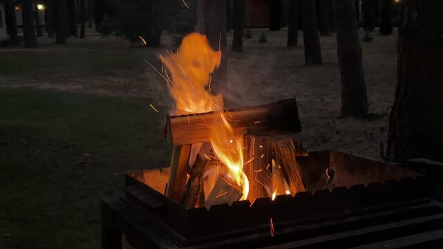 Burning firewood in an outdoor metal fire pit surrounded by trees.