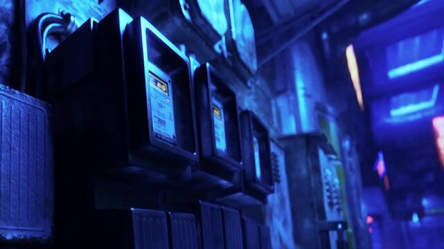 Electric meters are mounted on a wall in a narrow hallway. The area is dimly lit, and blue lights give a unique glow to the surroundings. The atmosphere appears urban and industrial.