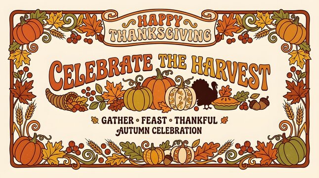 Celebrating the harvest and the blessings of autumn a vintage thanksgiving card depicting a festive gathering of family and friends in a pastoral setting