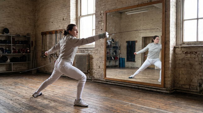Female fencer in protective suit practicing a lunge attack stance in front of large studio mirror. Concept of rehearsing, fencing, practice, foil, sword, athlete. Copy space.