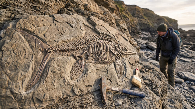 Paleontologist examining prehistoric fish fossil embedded in coastal rock with research tools. Concept of paleontology, skeleton, ichthyosaur, archaeology, discovery, hammer, brush, researcher.