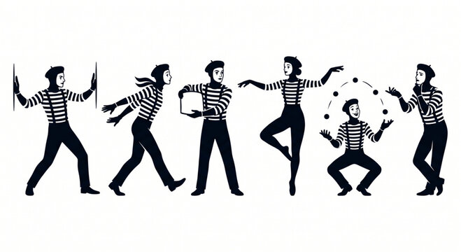 Black and white illustration of French mimes performing pantomime
