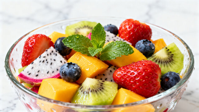 Fresh mixed fruit salad with kiwi mango strawberry and mint