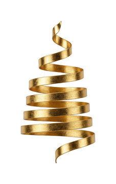 Metallic gold spiral ribbon in Christmas tree shape isolated on transparent background