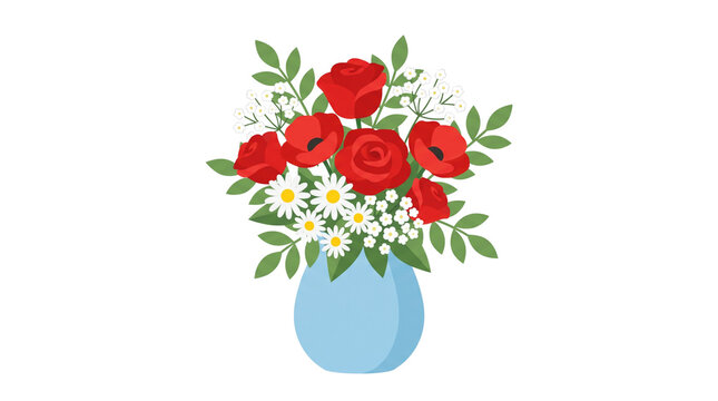 Vibrant bouquet of red roses and white daisies arranged in a simple blue ceramic vase