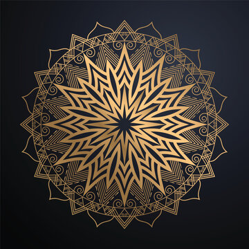 Premium Gold Mandala Ornament Illustration Intricate Circular Geometric Pattern With Chevron Rings And Lattice Details Luxury Navy Background
