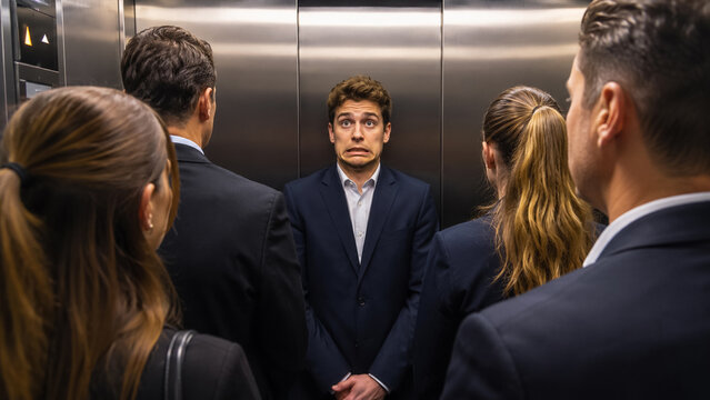 Awkward young businessman feeling uncomfortable and anxious standing inside crowded elevator with colleagues. Concept of awkward situation, anxiety, social anxiety, claustrophobia, office workers.