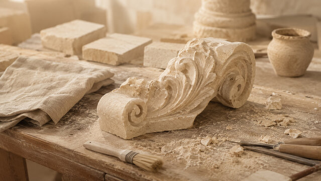 Hand carved stone ornate corbel on workbench in stonemason artisan workshop. Concept of beige, sculpture, craft. Copy space.